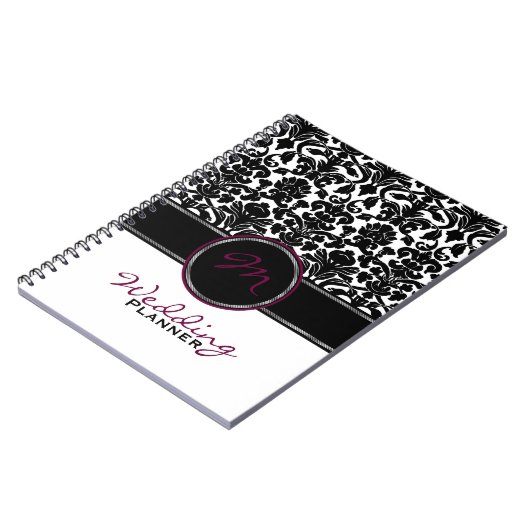 Monogram Plum Black White Damask Wedding Planner Notitieboek (Linkerzijde)