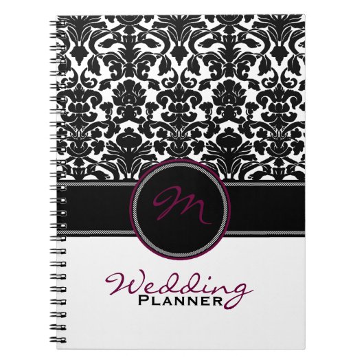 Monogram Plum Black White Damask Wedding Planner Notitieboek (Voorkant)