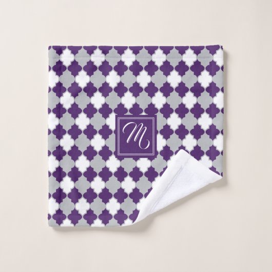 Monogram Plum Paars, Grey en White Quatrefoil Bad Handdoek (Wasdoekje)