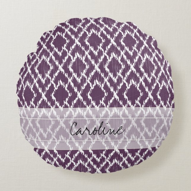 Monogram Plum Paars Tribal Ikat Diamond Pattern Rond Kussen (Voorkant)