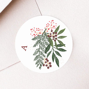 Monogram Poinsettia Kerstvakantie Aquarel Ronde Sticker