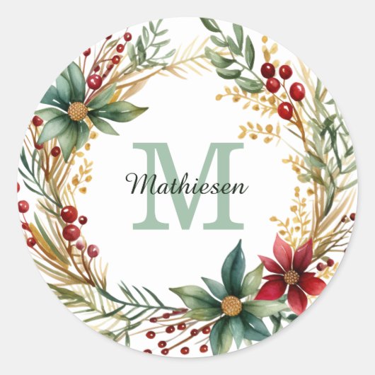 Monogram Poinsettia Kranz Kerstcorrespondentie Ronde Sticker (Voorkant)