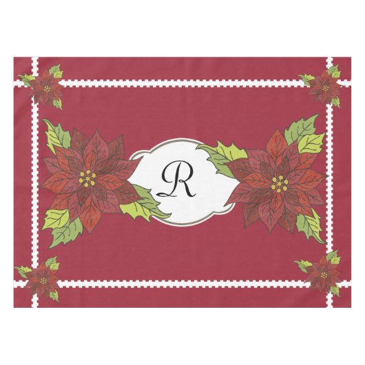 Monogram Poinsettias op Red Holiday Tablecloth Tafelkleed (Voorkant (Horizontaal))