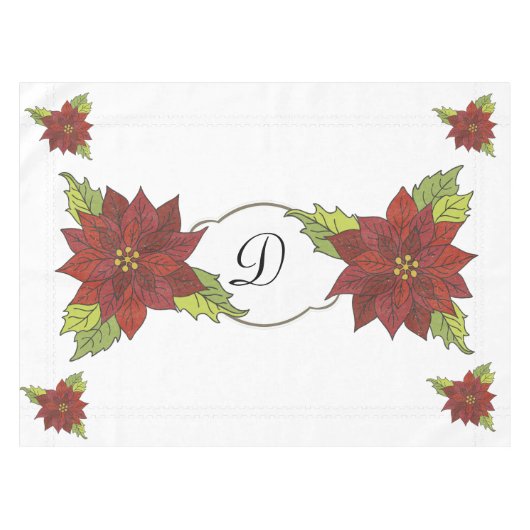 Monogram Poinsettias op White Holiday Tablecloth Tafelkleed (Voorkant (Horizontaal))