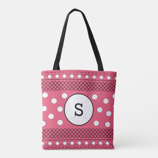Monogram Polka Dots Pattern roze Tote Bag (Achterkant)