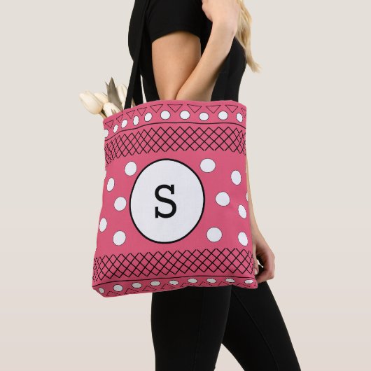 Monogram Polka Dots Pattern roze Tote Bag (Dichtbij)