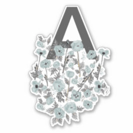 Monogram Poppies Gray Blue Black Waterverf Floral Sticker