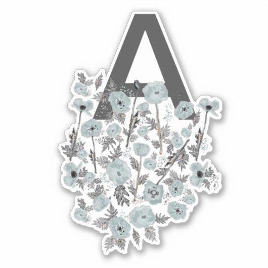 Monogram Poppies Gray Blue Black Waterverf Floral Sticker (Voorkant)