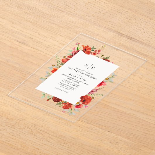 Monogram Poppy Wildflower Bloembruiloft Acryl Uitnodigingen (Laagn)