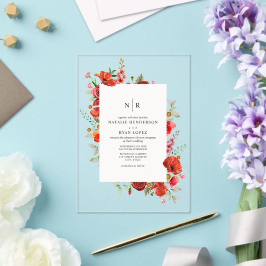 Monogram Poppy Wildflower Bloembruiloft Acryl Uitnodigingen (Insitu (Huwelijk))