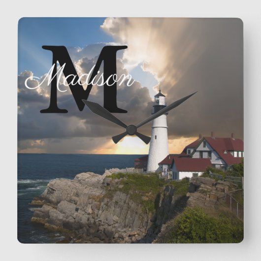 Monogram Portland Head Lighthouse Maine Foto Naam Vierkante Klok (Voorkant)