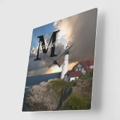 Monogram Portland Head Lighthouse Maine Foto Naam Vierkante Klok (Hoek)
