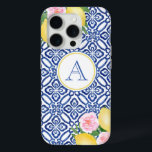 Monogram Positano Citroenen Blauw Wit Italiaans Te iPhone 15 Pro Case<br><div class="desc">Met de hand geschilde citroenen voorzien van roze waterverf bloemen tegen een  blauwe en witte tegel patroonachtergrond.</div>