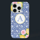 Monogram Positano Citroenen Blauw Wit Italiaans Te iPhone 15 Pro Case<br><div class="desc">Met de hand geschilde citroenen voorzien van roze waterverf bloemen tegen een  blauwe en witte tegel patroonachtergrond.</div>