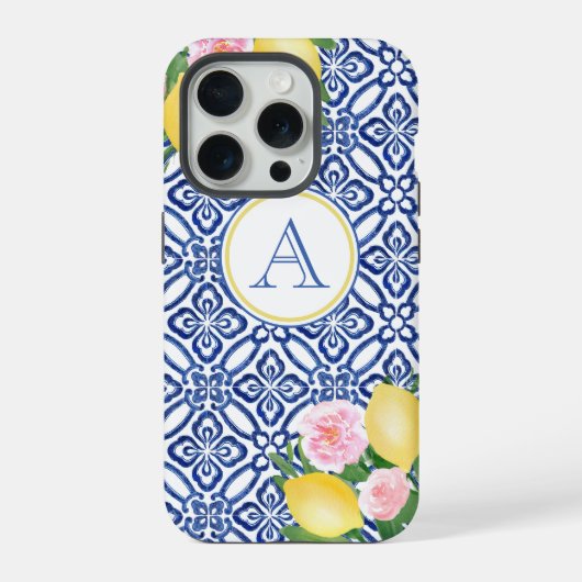 Monogram Positano Citroenen Blauw Wit Italiaans Te iPhone Hoesje (Achterkant)