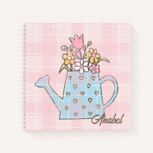 Monogram prachtig handgetekend botanisch roze blau notitieboek