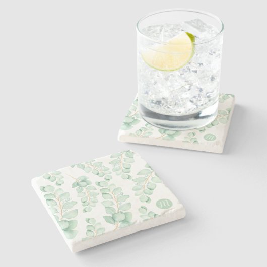 Monogram prachtig Sage Green Eucalyptus Pattern Stenen Onderzetter (Zijkant)