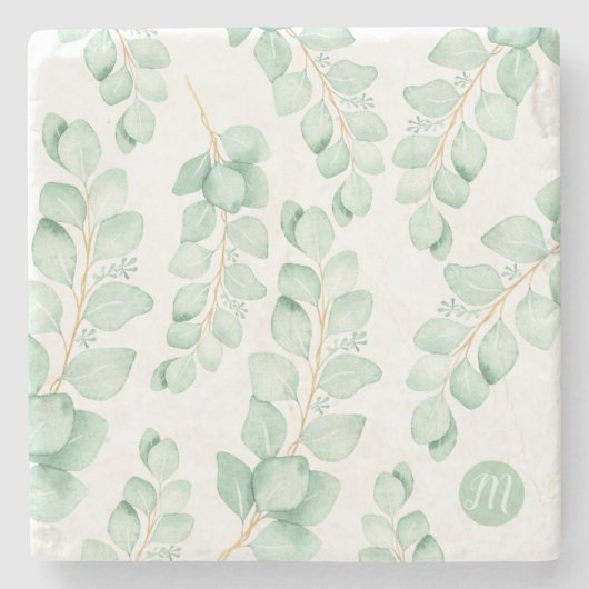 Monogram prachtig Sage Green Eucalyptus Pattern Stenen Onderzetter (Voorkant)
