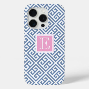 Monogram Preppy Blauw en Wit Griekse Sleutel iPhone 15 Pro Case