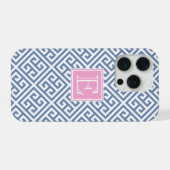 Monogram Preppy Blauw en Wit Griekse Sleutel iPhone Hoesje (Achterkant horizontaal)