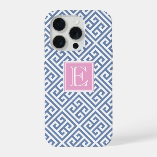 Monogram Preppy Blauw en Wit Griekse Sleutel iPhone Hoesje (Achterkant)