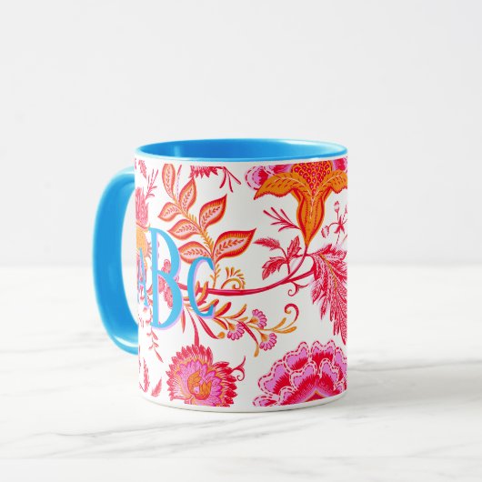 Monogram Preppy  Bloemen | Roze & Sinaasappel Mok (Voorkant links)