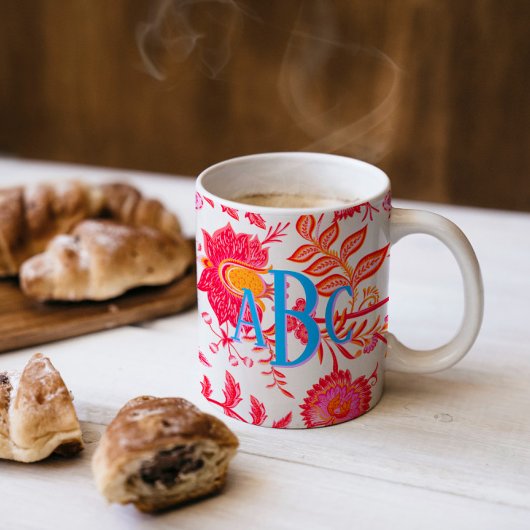 Monogram Preppy  Bloemen | Roze & Sinaasappel Mok