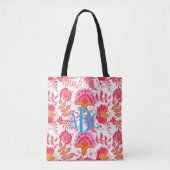 Monogram Preppy  Bloemen | Roze & Sinaasappel Tote Bag (Voorkant)