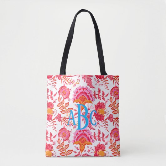 Monogram Preppy  Bloemen | Roze & Sinaasappel Tote Bag (Voorkant)