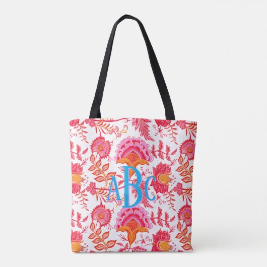 Monogram Preppy Bloemen | Roze & Sinaasappel Tote Bag (Achterkant)