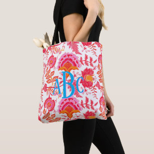 Monogram Preppy  Bloemen   Roze & Sinaasappel Tote Bag