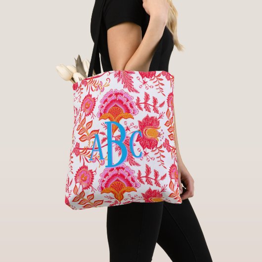 Monogram Preppy  Bloemen | Roze & Sinaasappel Tote Bag (Dichtbij)