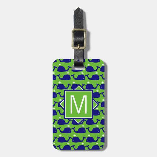 Monogram | Preppy Blue en Green Whales Bagagelabel (Voorkant verticaal)