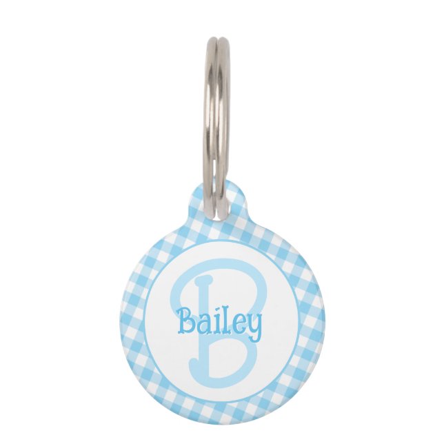 Monogram Preppy Blue Gingham Huisdierpenning (Voorkant)