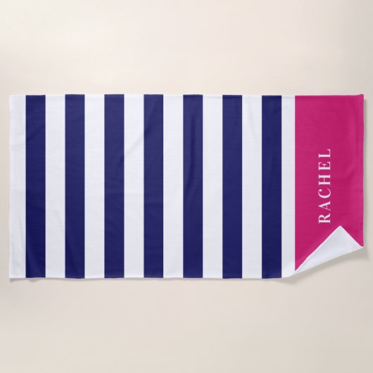 Monogram Preppy Hot Pink en Blauwe Stripes van de  Strandlaken (Voorkant)
