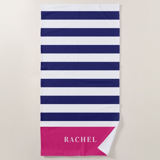 Monogram Preppy Hot Pink en Blauwe Stripes van de  Strandlaken (Voorkant)