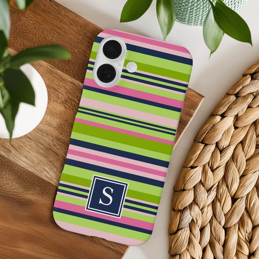 Monogram Preppy Limoen, Roze en Navy Stripe Case-Mate iPhone Case
