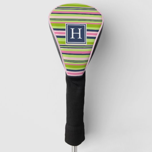 Monogram Preppy Limoen, Roze en Navy Stripe Golfheadcover (Voorkant)