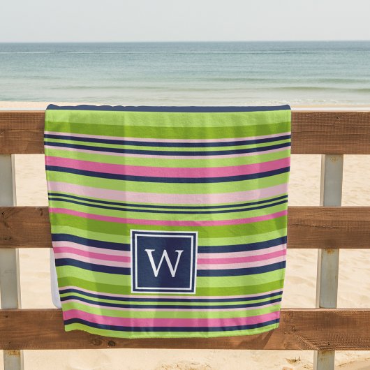 Monogram Preppy Limoen, Roze & Navy Stripe Strandlaken
