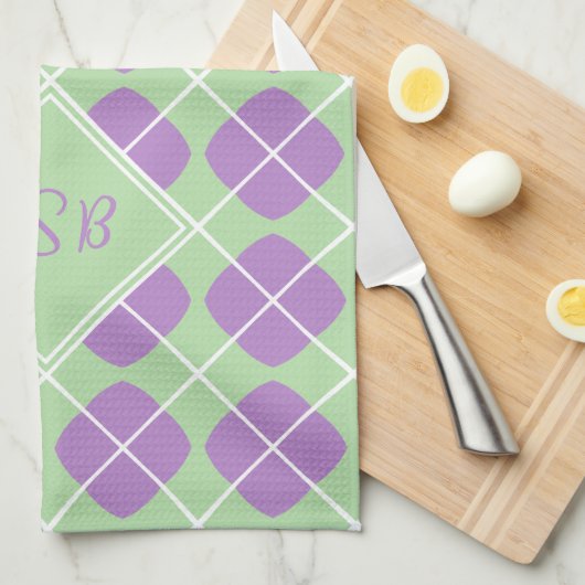 Monogram Preppy Paarse Mint Argyle keukenhanddoeke Theedoek (Quarter Fold)