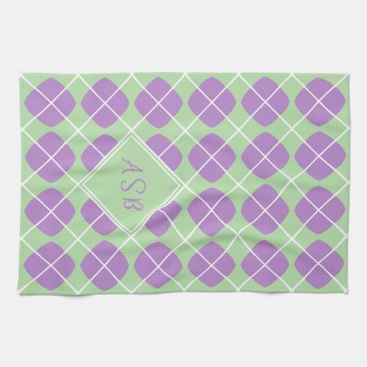 Monogram Preppy Paarse Mint Argyle keukenhanddoeke Theedoek (Horizontaal)