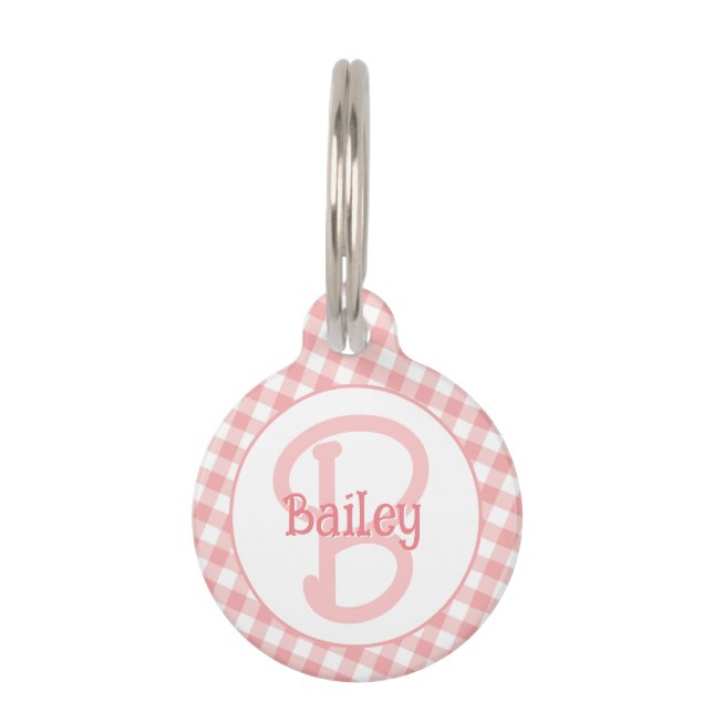 Monogram Preppy Pink Gingham Huisdierpenning (Voorkant)