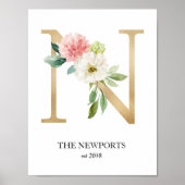 Monogram Print, Floral Letter N, Wedding, Nursery Poster (Voorkant)