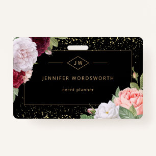 Monogram Professional Elegant Floral Roos Black Badge