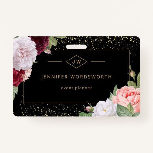 Monogram Professional Elegant Floral Roos Black Badge (Voorkant)