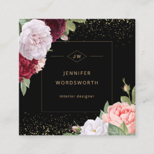 Monogram Professional Elegant Floral Roos Black Vierkante Visitekaartje