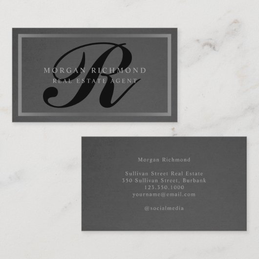 Monogram Professional Gray Silver Real Estate Visitekaartje (Voorkant / Achterkant)