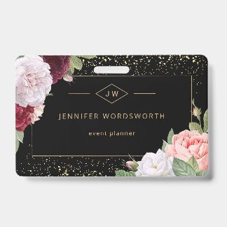 Monogram Professioneel Elegant Bloemrozen Zwart Badge