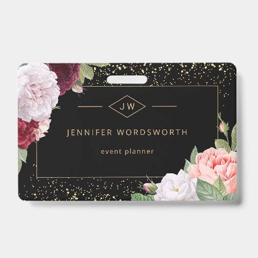 Monogram Professioneel Elegant Bloemrozen Zwart Badge (Voorzijde)