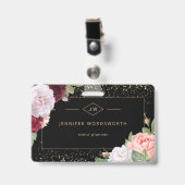 Monogram Professioneel Elegant Bloemrozen Zwart Badge (Voorzijde met clip)